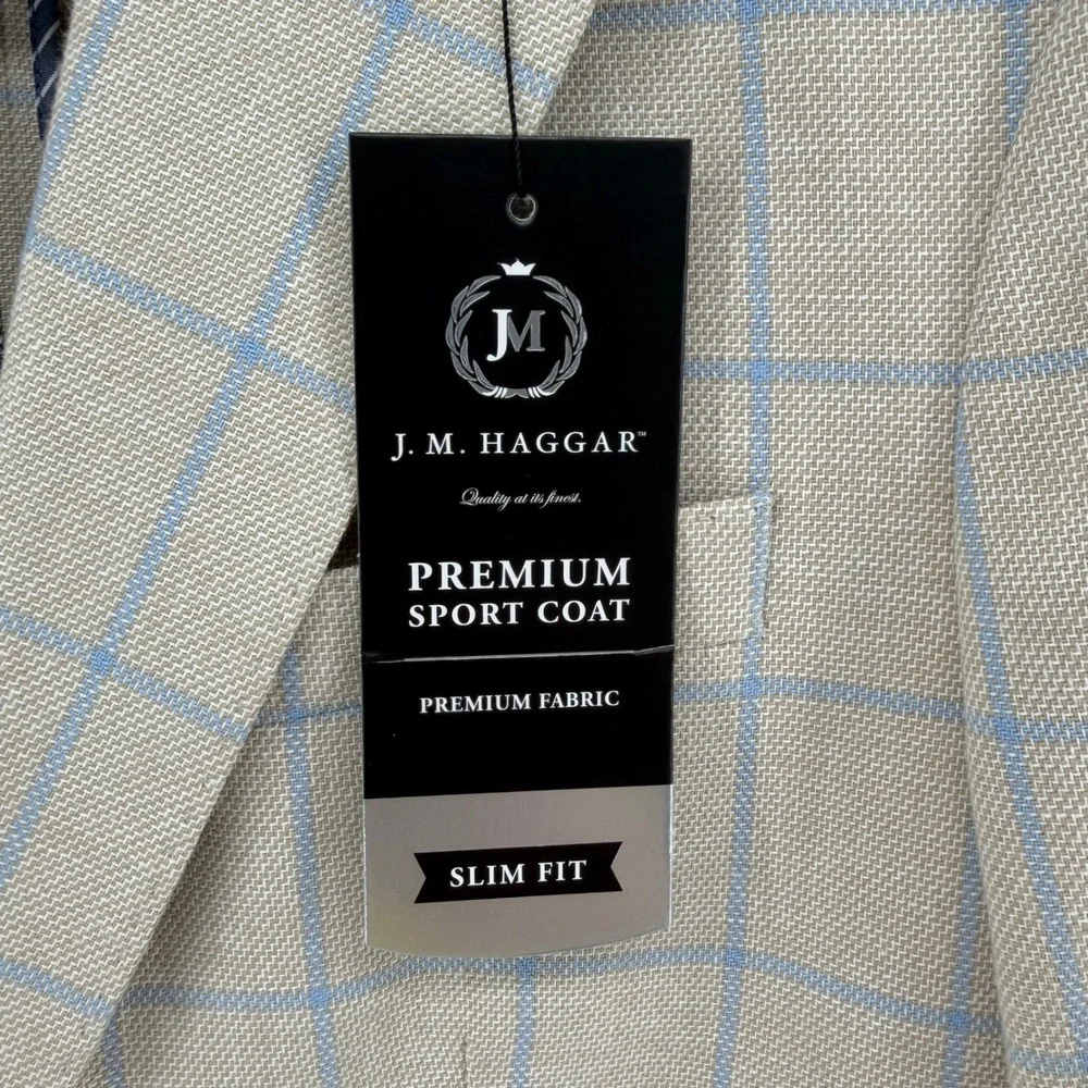 J.M. Haggar Sport Coat Mens 40S Tan Blue Windowpane Slim Cotton Blazer HJ80054